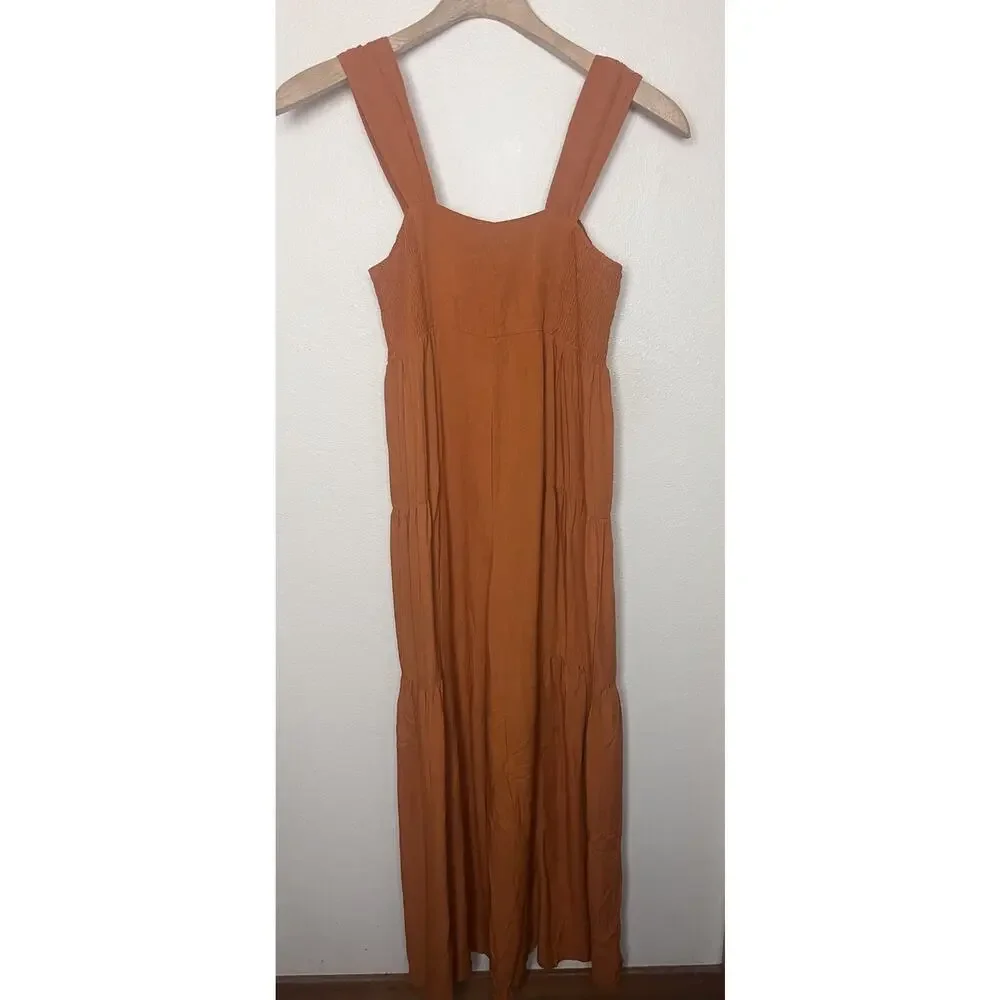 NWT Very J Wide Leg Palazzo Jumpsuit Women’s Sz Large Camel Orange Smocked - Picture 9 of 13
